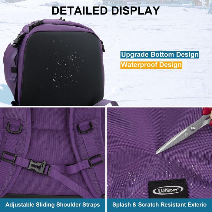 Чохол для лижних черевиків з відділенням для шолома, 65L рюкзак для лиж, водонепроникний мішок для лиж, сумка для лижних черевиків, ковзанів, лижних окулярів, сноуборду, лижних рукавиць (Ліловий)