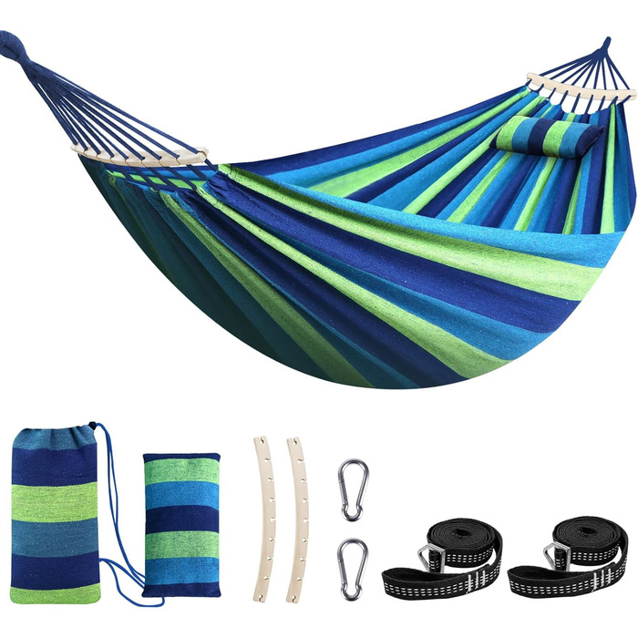 Гніозда-гамак з бавовни Chihee: великий, м'який, дихаючий, для кемпінгу. Максимальне навантаження 300 кг. Знімний підголівник, 2 міцні ремені, карабіни. Розмір 270x150 см. Кольори: блакитний/зелений в смужку