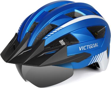 Велосипедний шолом VICTGOAL MTB з магнітним візором, LED підсвіткою, знімним козирком, для дорослих чоловіків і жінок, металево-синій, розмір L (57-61 см)