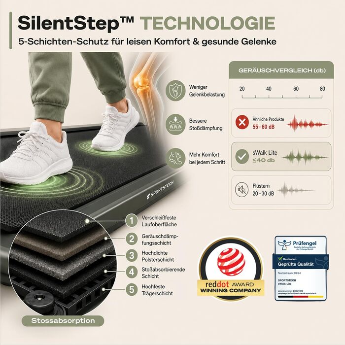 Бігова доріжка Sportstech sWalk Lite Walking Pad для дому та офісу, нахил 6%, до 6 км/год, LED-дисплей, керування через додаток та пульт, компактна, до 150 кг, чорна