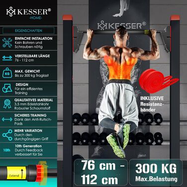 Турнік для дверного отвору KESSER, регульований, без свердління, витримує до 300 кг, з нековзкими ручками та резистентними стрічками, 76-112 см