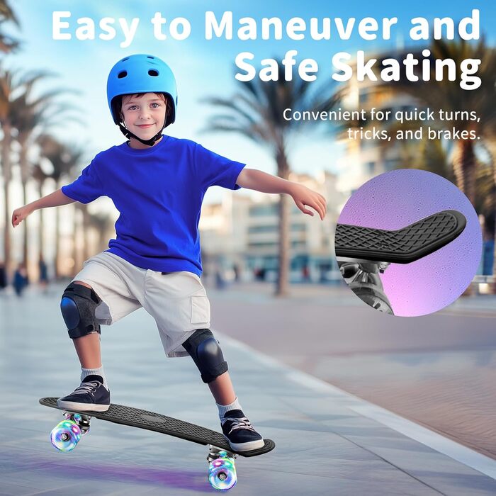 Скейтборд BELEEV 22 дюйми Mini Cruiser з LED колесами та T-інструментом для початківців (Чорний)