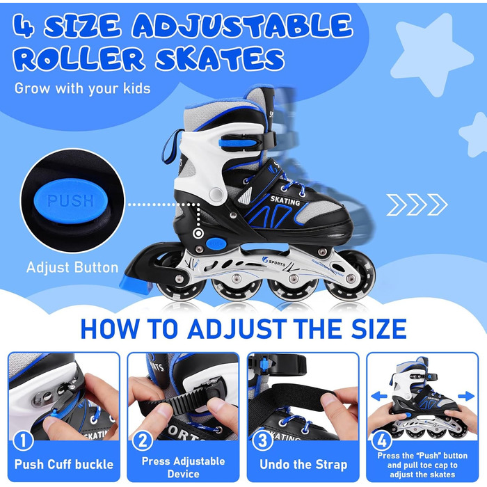 Дитячі ролики для катання на роликах для хлопчиків та дівчаток, початківці, ролики для жінок та чоловіків, розмір 4, ролики з підсвічуванням коліс, регульовані. Розмір S (EU28-32) / (CN 31-34)