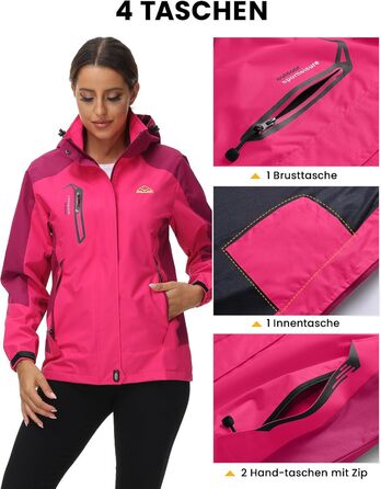 Жіноча трекінгова куртка Outdoor Легка перехідна куртка Вітронепроникна куртка Водонепроникна куртка-дощовик Дихаюча функціональна куртка з відстібаною капюшоном, Рожево-червоний колір, Розмір L