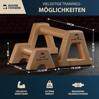 Набір дерев'яних опор для віджимань BARE HANDS (S + L) — Паралетси для калистеники, стійких гімнастичних ручок для хендстенду та тренувань, 2 шт. (світле дерево)