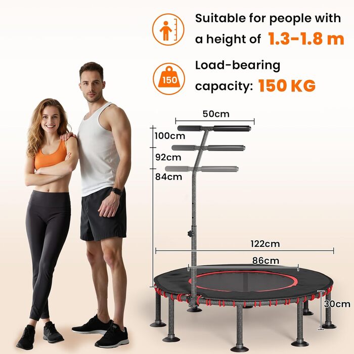 Трамплін для фітнесу LIFERUN Indoor з бортиком | До 150 кг | 3 регульовані ручки | Без монтажу | 102/122 см | Для дітей та дорослих | Гнучкі пружини | Для дому