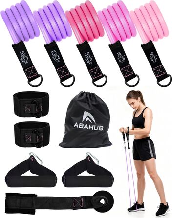 Набір еластичних стрічок Abahub для фітнесу з дверним кріпленням, ручками та петлею для ніг – для тренувань всього тіла, домашній спортзал, ідеально для початківців та досвідчених (Рожевий, 100LB)