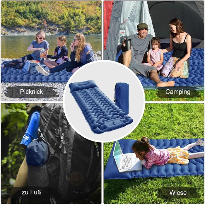 Каремат туристичний самонадувний Cunbayi з інтегрованими подушками та насосом. Підходить для кемпінгу, походів, пляжу та подорожей. Синій колір.