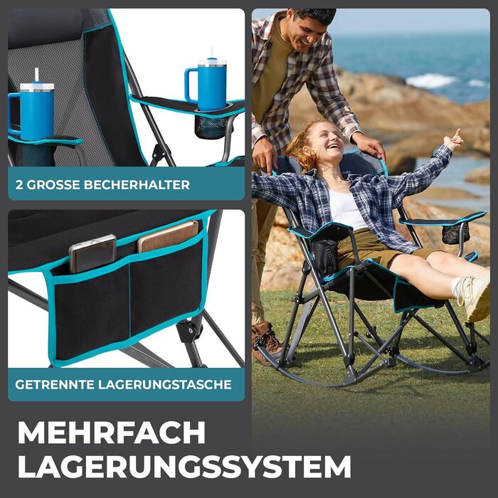Складане крісло-гойдалка для кемпінгу FUNDANGO, портативний розкладний стілець для саду, пляжу та подорожей з подушкою під голову, витримує до 200 кг, чорний