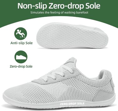 Легкі дихаючі кросівки Barfußschuhe для чоловіків та жінок | Широка передня частина, підошва 4 мм | Зручні для спорту, відпочинку та повсякденного носіння (44 EU, Білий)