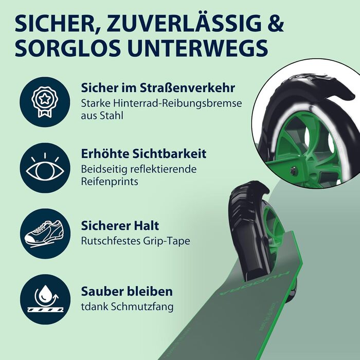 Дитячий самокат Hudora Scooter Up 145 Junior - безпечний та якісний самокат для дітей від 3 років. Регульована висота, складна конструкція, колеса 145 мм (зелений/трав'яний)