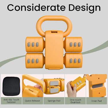 Набір 2-в-1: Регульовані гантелі та м'ячики-гантелі для фітнесу вдома, 4 ступені ваги (1-2.5 кг), для жінок, з антиковзним кріпленням. Жовтий колір.