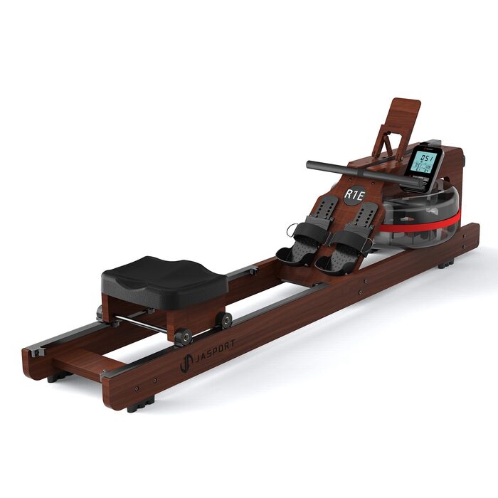 Гребний тренажер R1E з дуба, 28L резервуар для води, 12-лопатеве весло, Bluetooth & LCD-дисплей, сумісний з Kinomap APP, підставка для планшета, тихий та компактний велотренажер до 150 кг