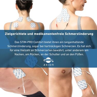 Пристрій TENS Axion STIM-PRO Comfort для терапії болю - 4 електродні накладки 5x5 см | Апарат електростимуляції для зняття болю при артрозі, артриті, болях у шиї, спині, суглобах | Сертифікований медичний продукт