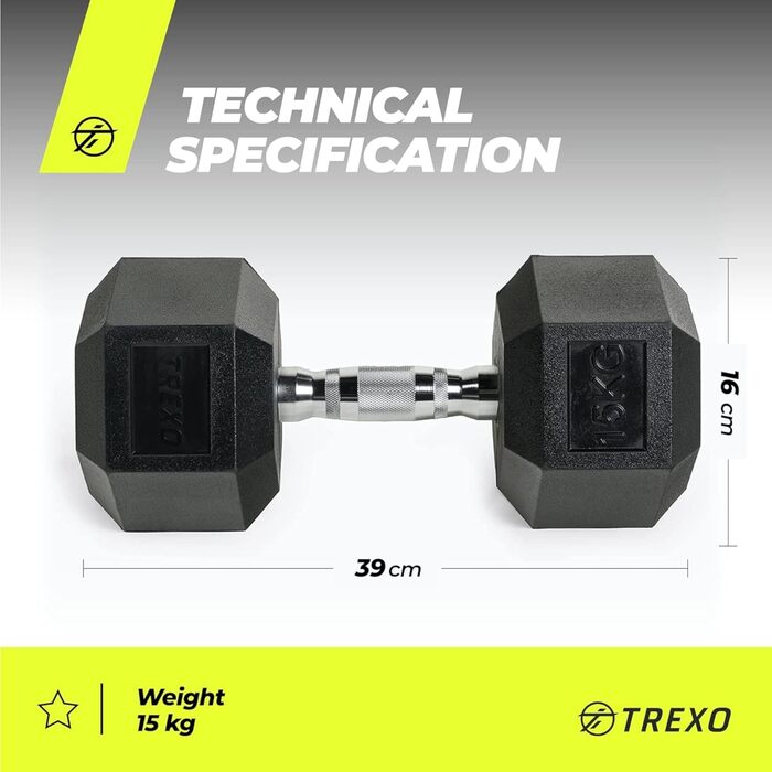 Гантеля TREXO Hex 15 кг з гумовим покриттям, чавунна, для силових тренувань вдома, ергономічна ручка, стійка та універсальна