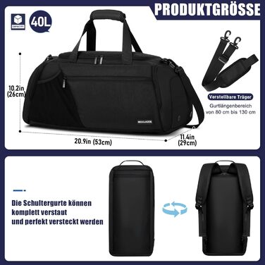 Спортивна сумка для чоловіків 40L, велика, рюкзак-сумка для подорожей, багато кишень, відділення для взуття, водонепроникна, для плеча та рук, тренувальна сумка, сумка-вікендер, чорна