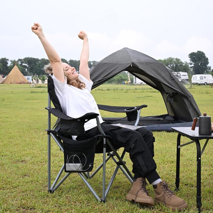 Крісло для кемпінгу KingCamp XXL, 205 кг, чорне, з підлокітниками, регульованою спинкою, кишенею для напоїв та сумкою-холодильником
