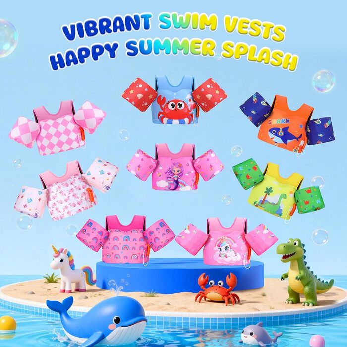 МоКо: Надувні рукавики для плавання для дітей, для хлопчиків та дівчаток. Тренувальний жилет з кріпленням на стегнах, плавальна куртка з ремінцями на плечах. Рукавики для плавання у басейні (рожевий & єдиноріг з короною, для ваги 9-23 кг)