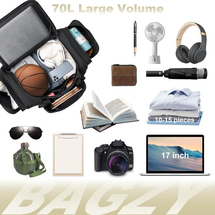 Спортивна сумка для подорожей BAGZY 70л, велика водонепроникна дорожня сумка-чохл для чоловіків та жінок, сумка-вікенд для залу, кемпінгу та відпустки (Сіра)