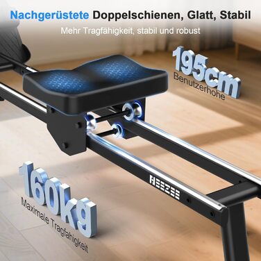 Гребний тренажер Neezee для дому з Bluetooth монітором та тримачем для планшета, до 150 кг, вертикальне зберігання, транспортні колеса