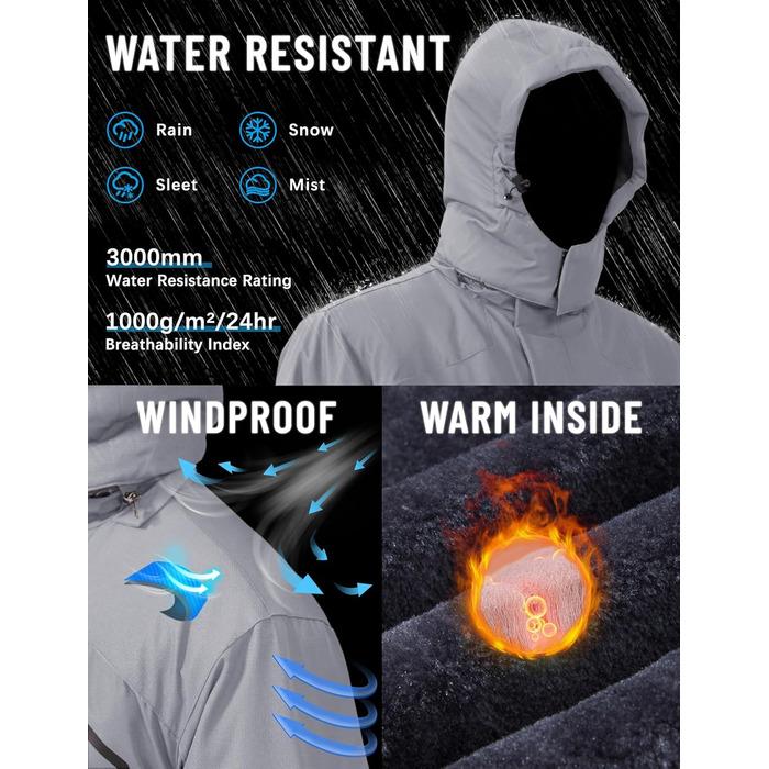 TACVASEN чоловіча зимова водонепроникна вітрозахисна куртка з флісовою підкладкою, теплий сноубордний/гірськолижний костюм з капюшоном, сірий XL