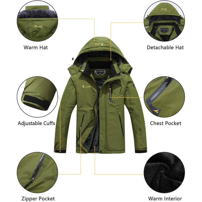 Чоловіча лижна куртка тепла зимова непромокальна Mante, вітрозахисна, з капюшоном для походів та подорожей (Хакі, M)