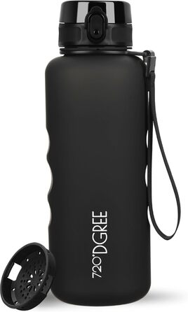 Спортивна пляшка для води 720°DGREE uberBottle 1,5 л з мотиваційною шкалою, ситечком, знімною ручкою, Tritan, BPA Free, герметична, чорна