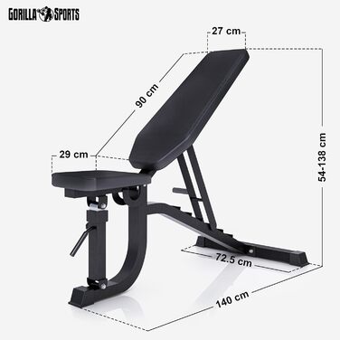 GORILLA SPORTS® універсальна лавка для жиму, сталева, чорна, 7-рівнева спинка, 5-рівневе сидіння, 140x72,5x54-138 см, багатофункціональна фітнес лава для тренувань, шраґ, плоска, негативна