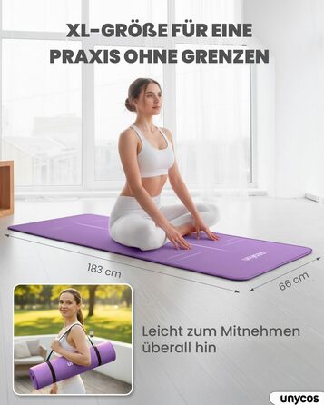 Килимок для йоги Unycos: антиковзаюча поверхня, висока щільність 6/10/15 мм, з сумкою, для пілатесу та фітнесу, колір ліловий, розмір 183*66*1 см.