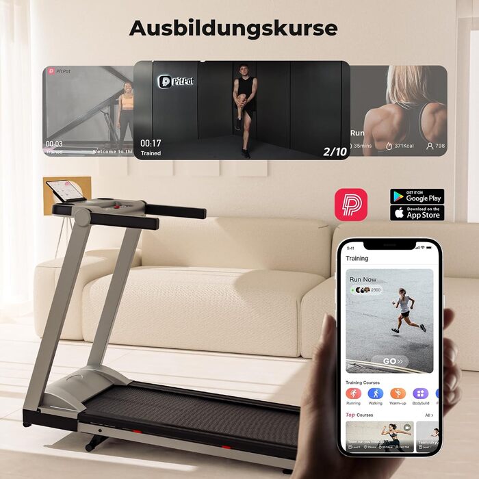 Біговий тренажер DeerRun для дому, Walking Pad з нахилом 6% та поверхнею для бігу 42 x 112 см, складаний з AI тренером та грою Multi-Runner (срібний)