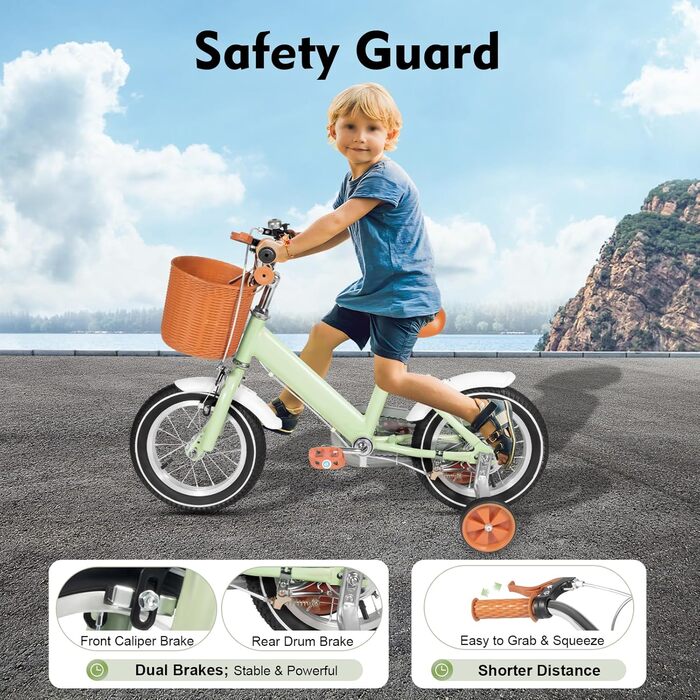 Дитячий велосипед 12 дюймів, для дітей 2-4 років, з кошиком та додатковими колесами, регульоване сидіння та кермо, подвійне гальмо, зелений