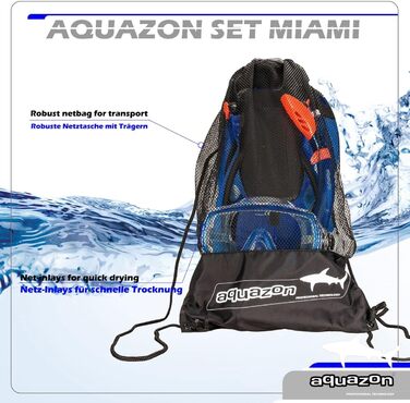 Дитячий набір для підводного плавання AQUAZON Miami: маска з прозорим склом, трубка, ласти, регульований розмір 32/37, темно-синій, для дітей 7-14 років