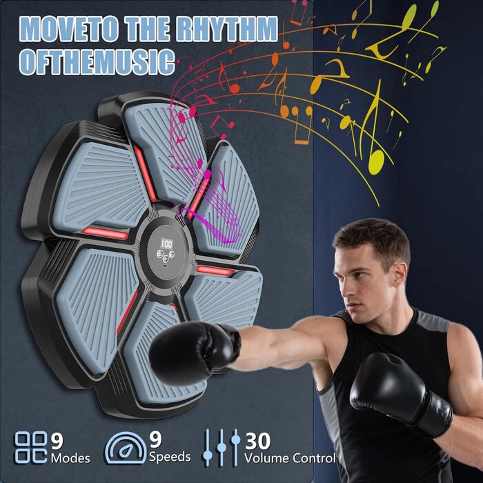 Музичний боксерський тренажер SWBSLL з рукавичками, LED-підсвіткою та Bluetooth, 9 швидкостей, 9 режимів, 30 рівнів гучності, для дорослих та дітей