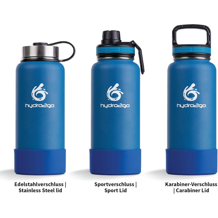 Герметична термос-пляшка з нержавіючої сталі hydro2go X-AlpsBottle 1 л, вакуумна ізоляція, 3 кришки, подвійні стінки, спортивна пляшка для напоїв, блакитна