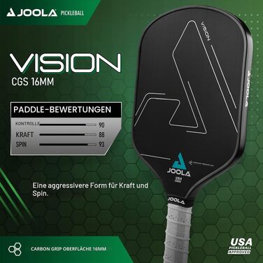 Ракетка для піклболу JOOLA Vision з вуглецевим покриттям Carbon-Grip для максимального спіну та контролю, стільниковий сердечник, чорна