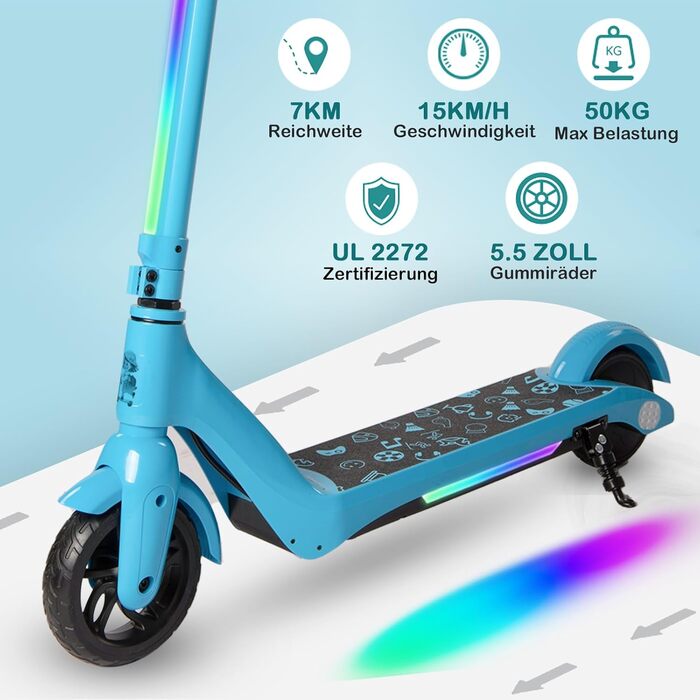 Дитячий електросамокат E-RIDES з LED-дисплеєм, неоновим підсвічуванням, регульованою швидкістю і висотою, до 15 км/год, синій