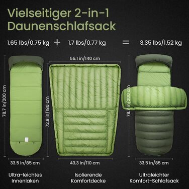 Спальний мішок ATEPA Ultraleicht Daunenschlafsack: Легкий, 3-сезонний (12°C/6°C/-1°C), Водовідштовхуючий, для кемпінгу, трекінгу та подорожей, з компресійним мішком