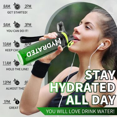 Спортивна пляшка для води 1л Tritan без BPA з маркуванням часу, 1 літр, витокозахисна, для фітнесу, активного відпочинку, спортзалу, школи