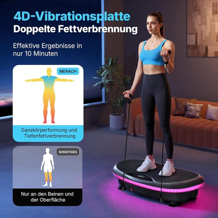 Віброплатформа MERACH 4D з 7 режимами вібрації, 120 швидкостями, 5 програмами, Bluetooth та підсвіткою, чорна