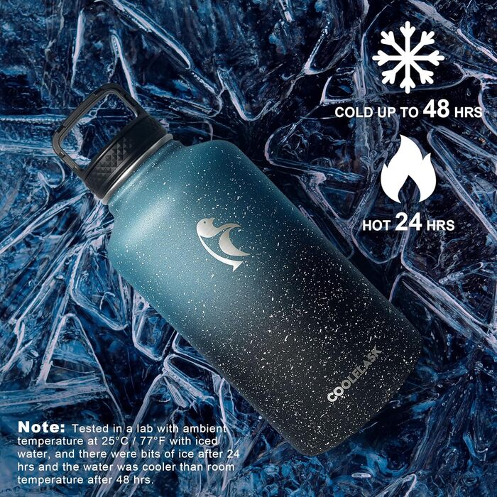 Термос-пляшка Coolflask 2 л з соломинкою та 3 кришками, велика ізольована сталева пляшка для води, спорт і подорожі, Starry Indigo Black