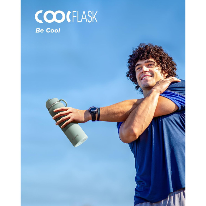 Фляга Coolflask 1,2 л з ізоляцією та трубочкою, нержавіюча сталь, 3 кришки, для спорту та офісу, зберігає холод до 48 годин, тепло до 24 годин, сіро-зелений колір