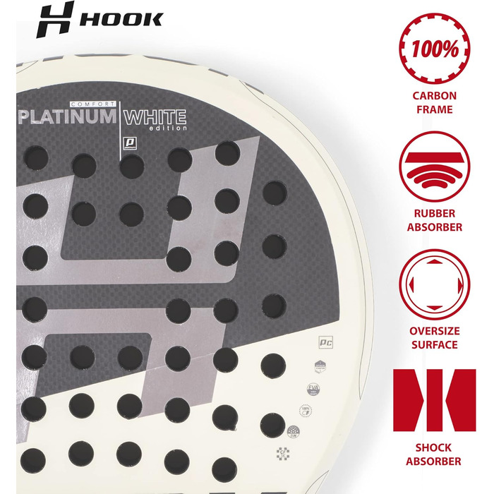 Падель ракетка Hook Platinum White Art для унісекс, 355/365 г, 100% карбон, контроль, EVA, середній баланс, Sand-Touch, кругла