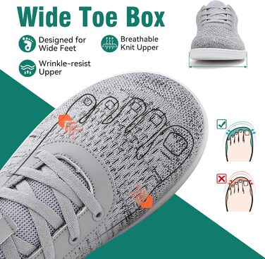 Мінімалістичні босижні кросівки для жінок та чоловіків з широкою переднячкою та нульовим перепадом, легкі та дихаючі. Ідеальні для фітнесу, хайкінгу, бігу та повсякденного носіння (41 EU, широка, сірий 1125)