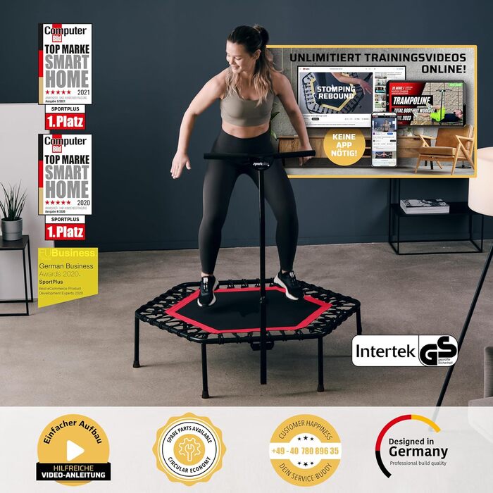 Фітнес-батут SportPlus 126 см, TÜV сертифікат, тиха гумова підвіска, 5-рівнева регульована ручка, захисна накідка, до 130 кг, батут для Jumping Fitness