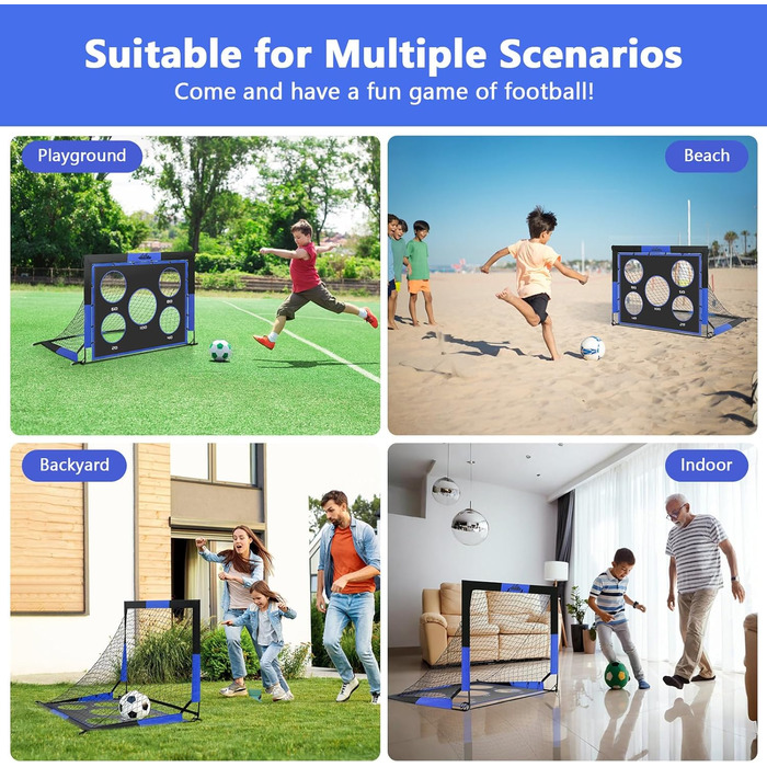 Ворота для футболу MoKo для саду, 150x120 см, велика розкладна сітка з мішенню, портативне обладнання для дитячих футбольних тренувань, спортивна гра на відкритому повітрі (Чорний+Синій)