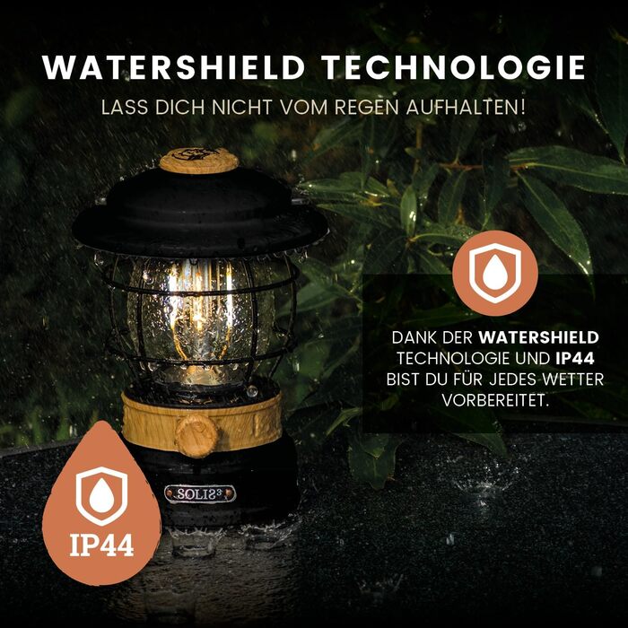 Ліхтар кемпінговий Solis 3 з акумулятором 8000mAh, Powerbank, регульоване світло, IP44, LED, для туризму (Cremeweiß/Schwarz, Holzeffekt)