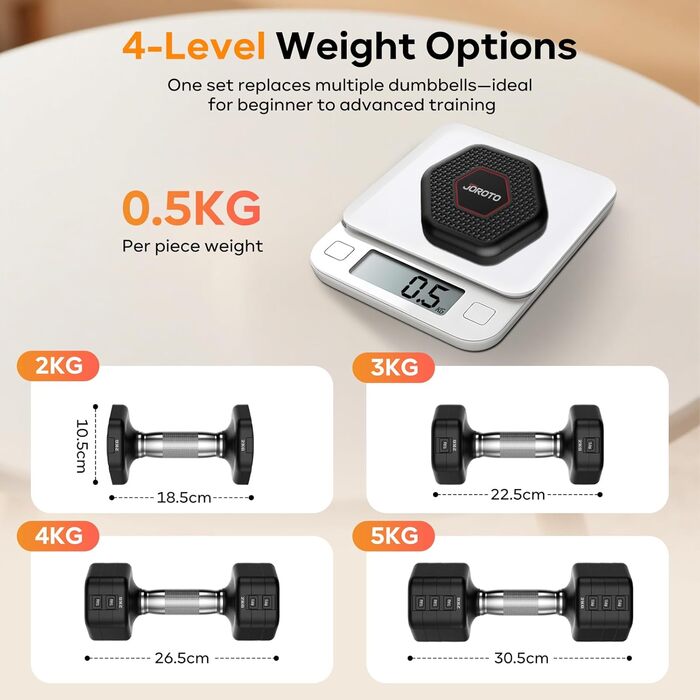 Набір гантелей JOROTO 4-в-1, регульовані гантелі, 2 шт., 2–5 кг, хромоване покриття, неслизький грип, для чоловіків та жінок, силові тренування, фітнес, домашні тренування (чорний)