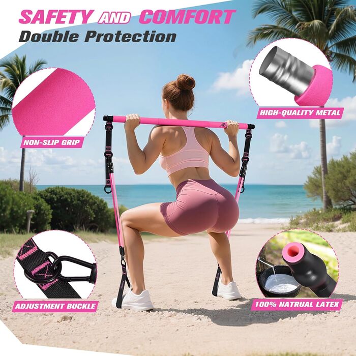 Набір для пілатесу HPYGN з 4 еластичними стрічками, регульоване обладнання для пілатесу для жінок та чоловіків, багатофункціональний набір для фітнесу, стрічки для стегон, ніг, рук, домашній спортзал, йога, силові тренування, розтяжка, рожевий