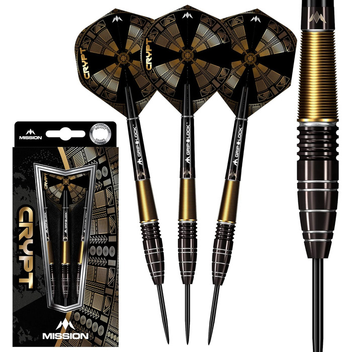 Набір дротиків Mission Darts Crypt 90% вольфрам, чорний і золотий, PVD-покриття, сталевий наконечник, різні стилі та ваги