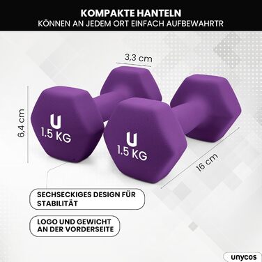 Гантелі неопренові unycos, набір 2 шт. по 1,5 кг, фіолетові, шестигранні, нековзні, антироликовий дизайн, для чоловіків і жінок, для фітнесу, пілатесу, силових тренувань